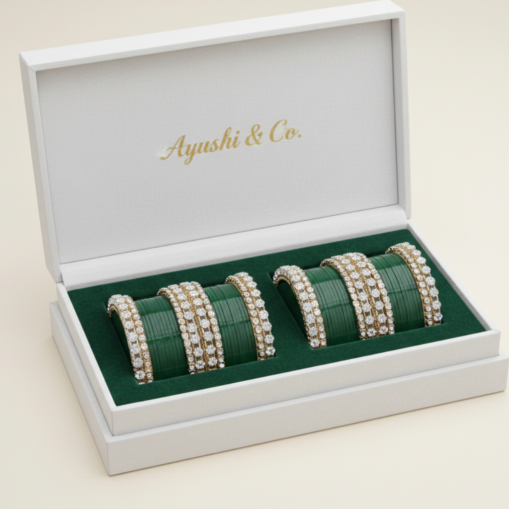 AYSIMA Emerald Mahal – Green 56-Piece Bridal Bangle Set with Statement Kada