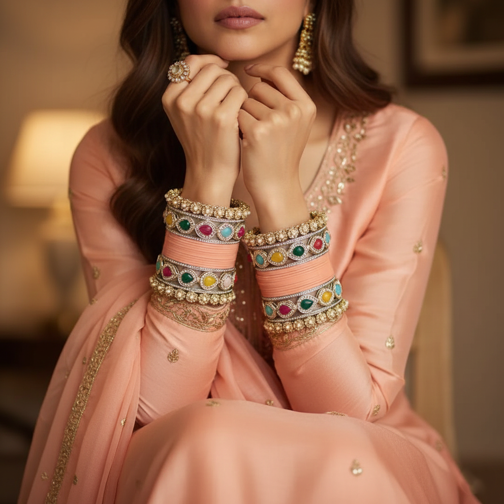 AYSIMA Peach Bridal Bangles & Multicolour Kadas - 36 pieces