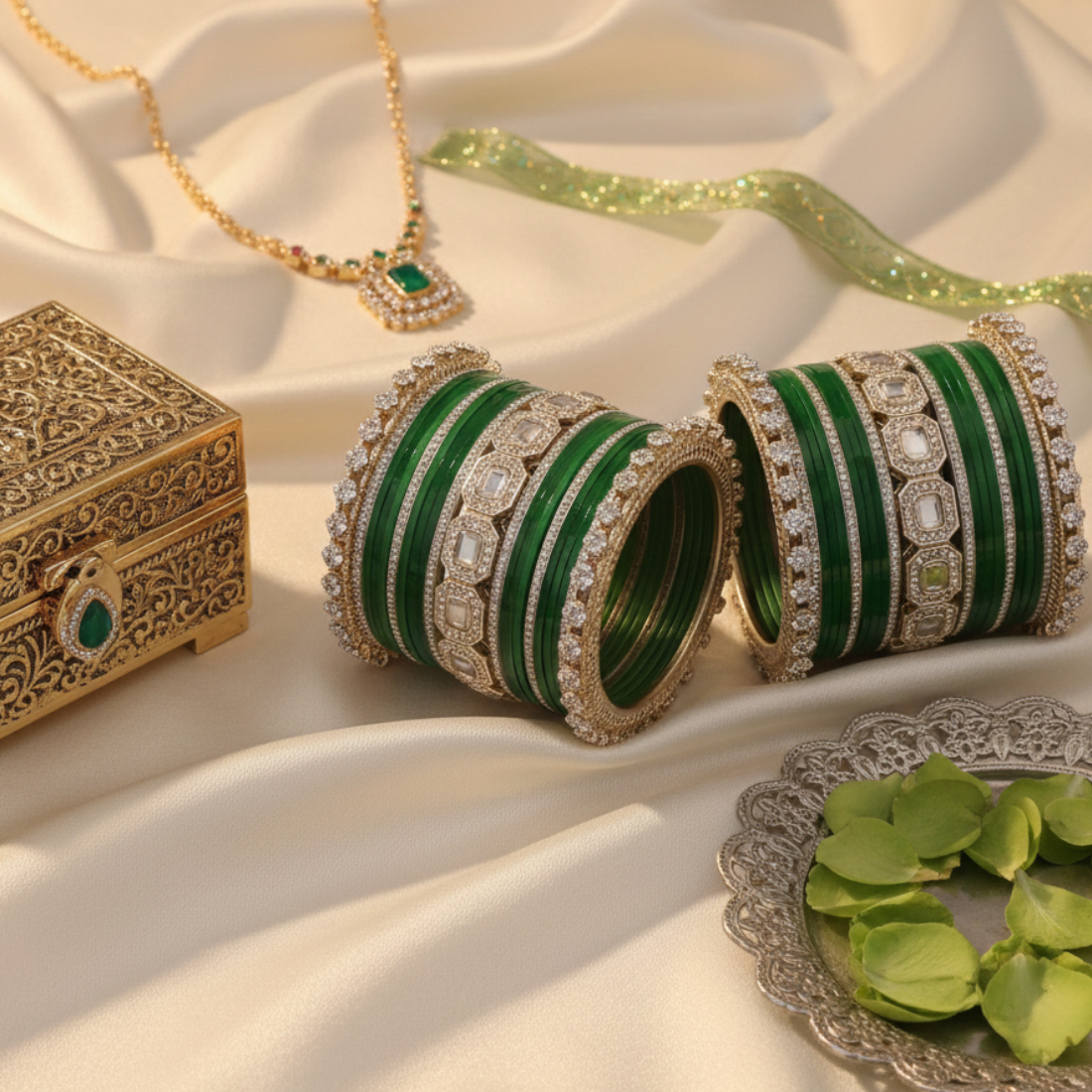 AYSIMA Emerald Grace – Green 42-Piece Bridal Bangle Set with Statement Kada