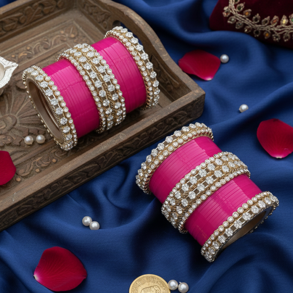 AYSIMA Rani Gulab – Fuchsia Pink 56-Piece Bridal Bangle Set with Statement Kada
