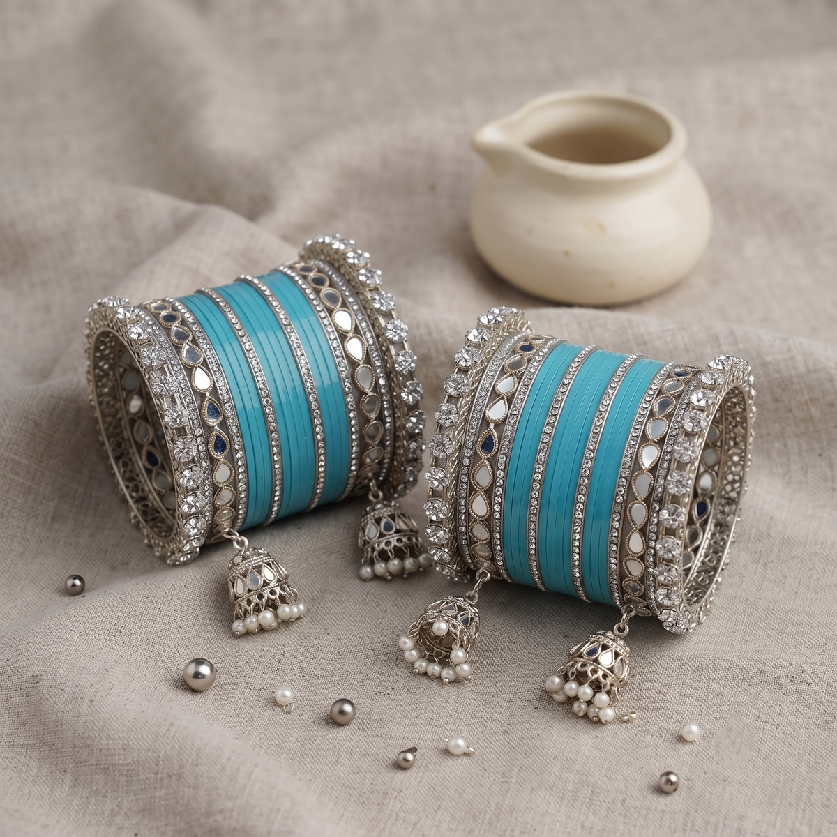 AYSIMA Neelakshi – Aqua Blue Bridal Bangle Set with Mirror-Look Kadas & Jhumka Charms - 40 pieces