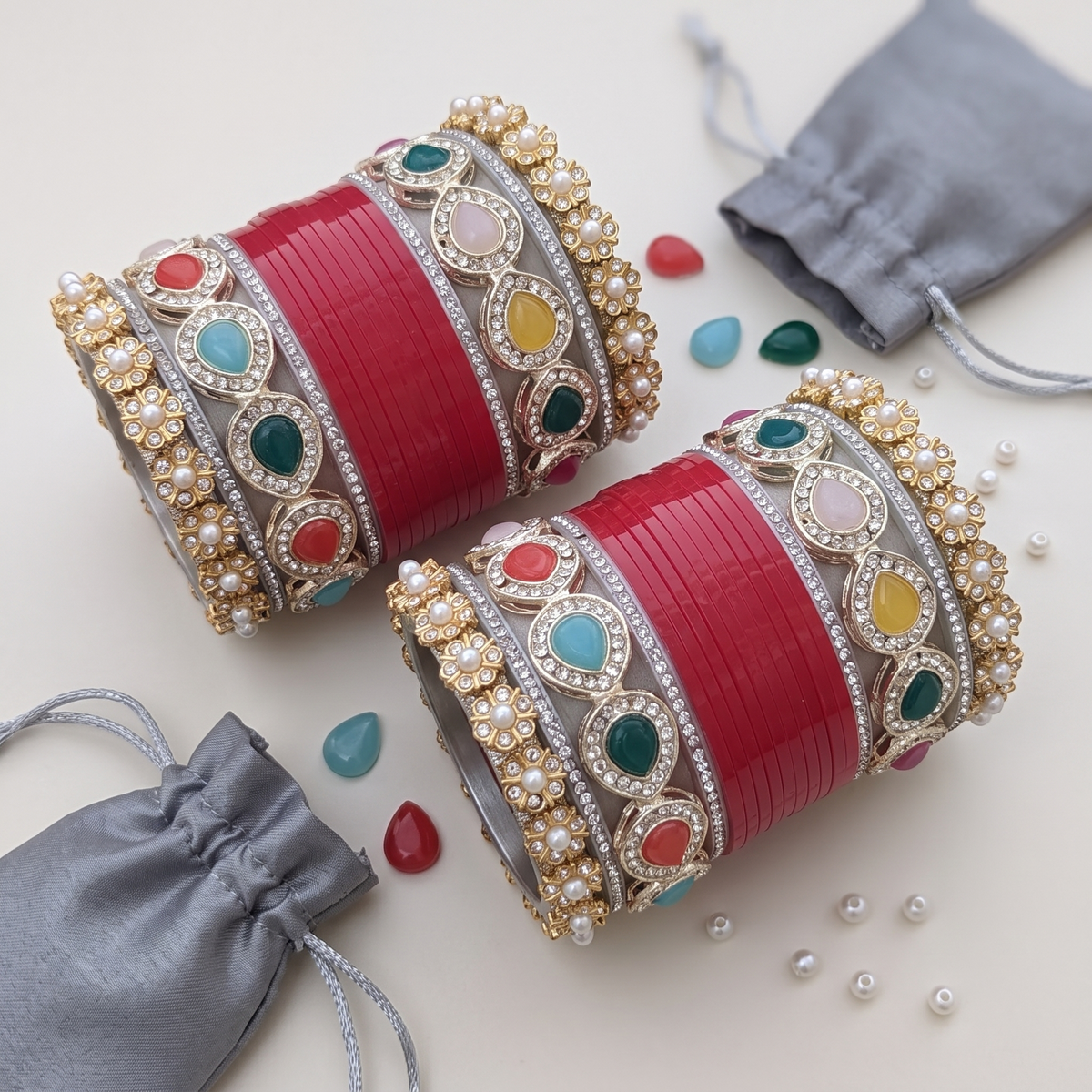 AYSIMA Red Bridal Chura & Multicolour Kadas – Gulnaar - 36 pieces