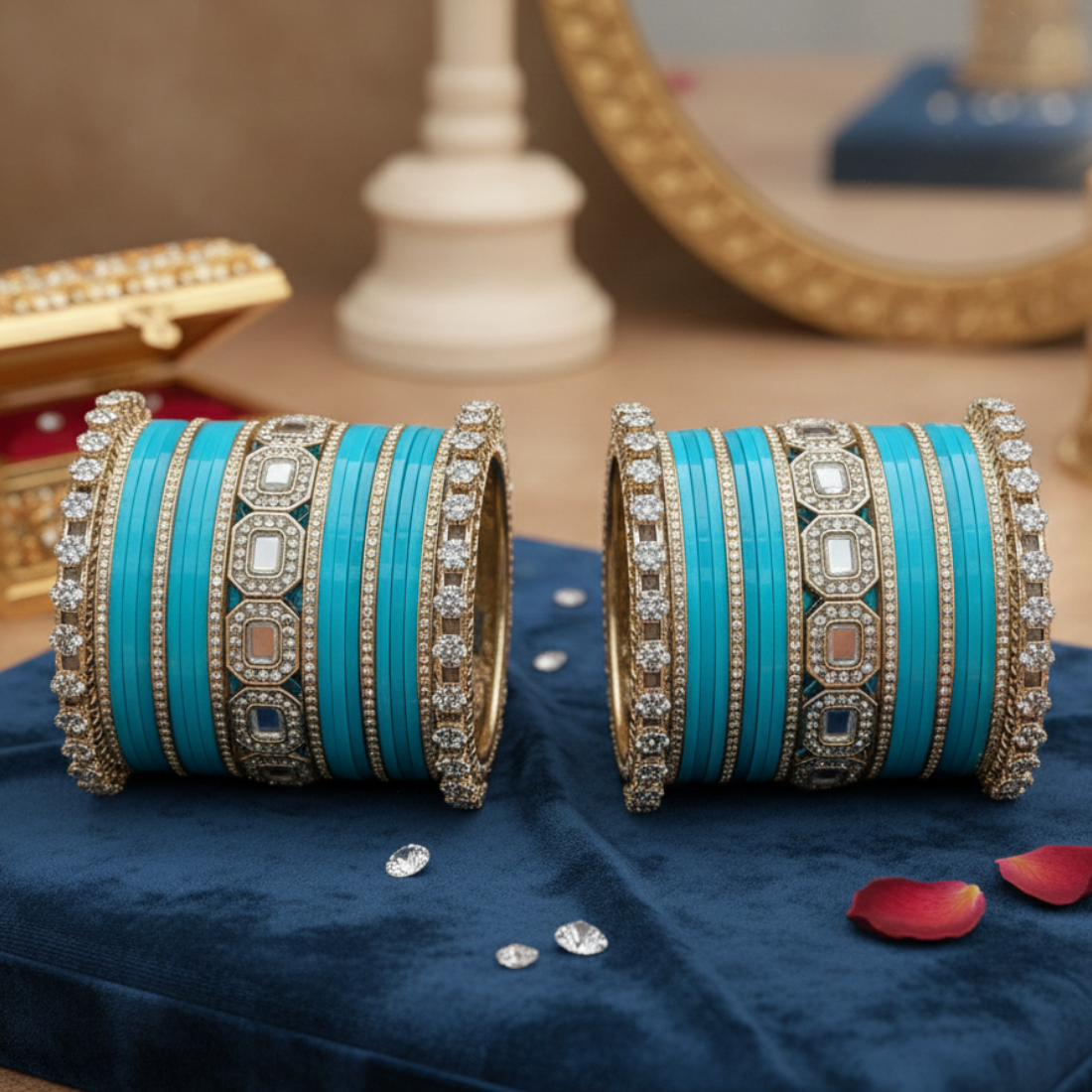 AYSIMA Turquoise Royale – Blue 42-Piece Bangle Set with Statement Kada