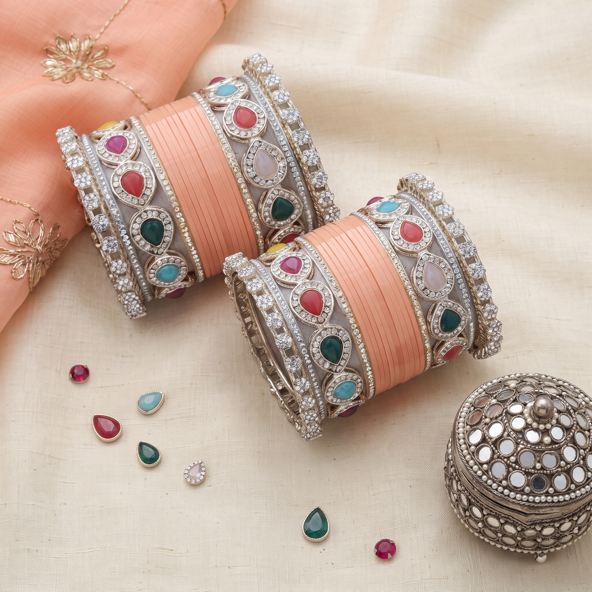 Peach Bridal Bangles & Multicolour Kadas | AYSIMA Mridula - 36 pieces