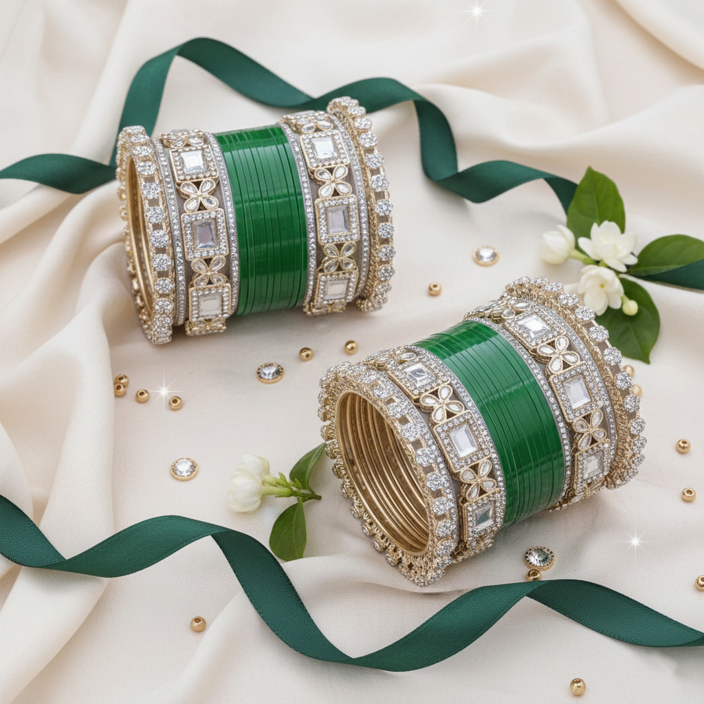 AYSIMA Vanya – Green Bridal Bangles with Floral Kadas - 36 pieces