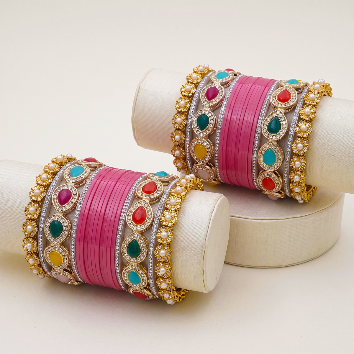 AYSIMA Pink Bridal Bangles & Multicolour Kadas - 36 pieces