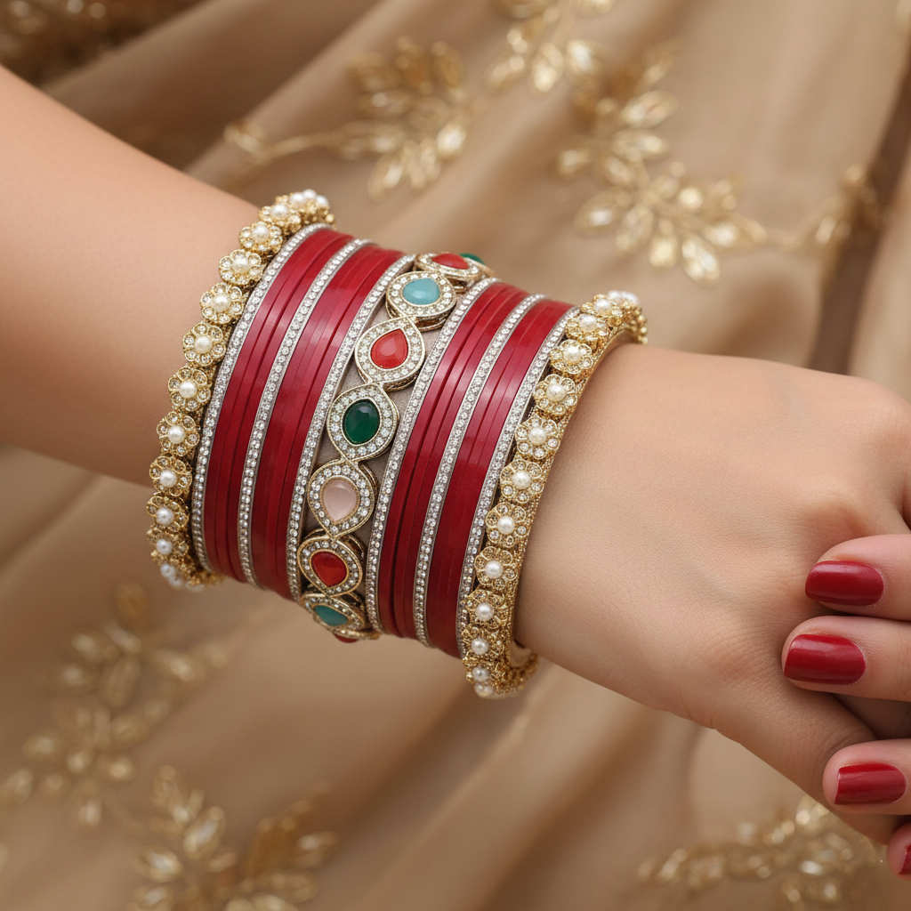 AYSIMA Laal Shringar – Red Bridal Bangle Set with Statement Kada - 42 pieces