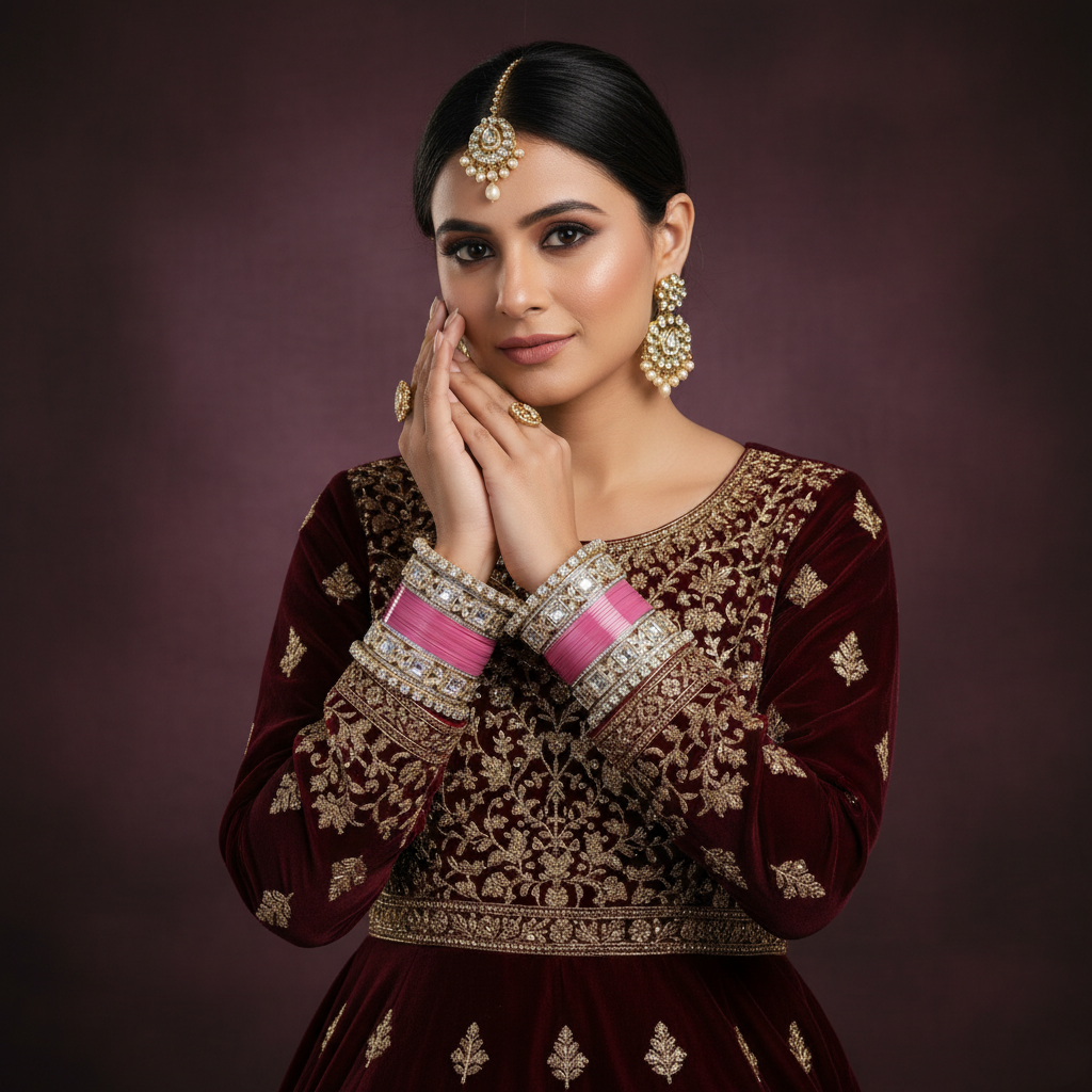 AYSIMA Aabha – Rose Pink Bridal Chura & Floral Kada Set - 36 pieces