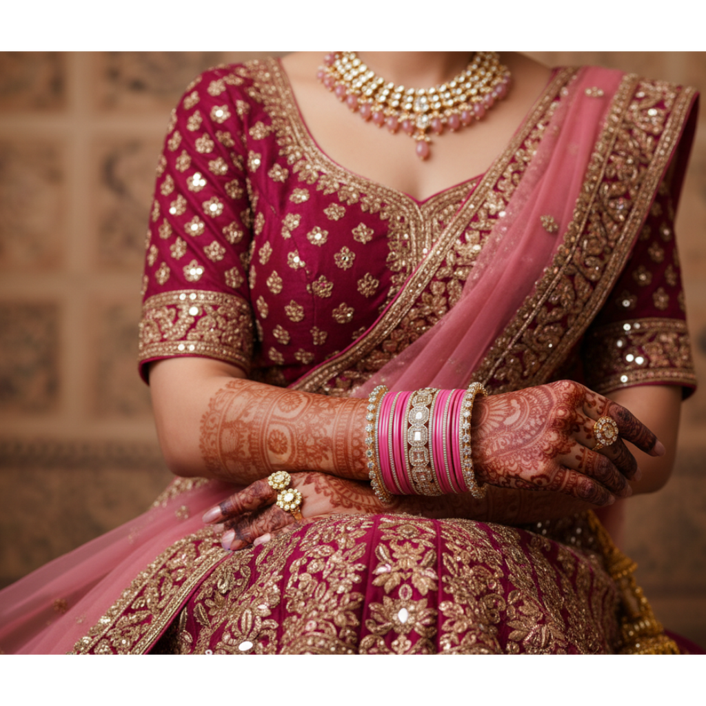 AYSIMA Rose Radiance – Pink 42-Piece Bridal Bangle Set with Designer Kada