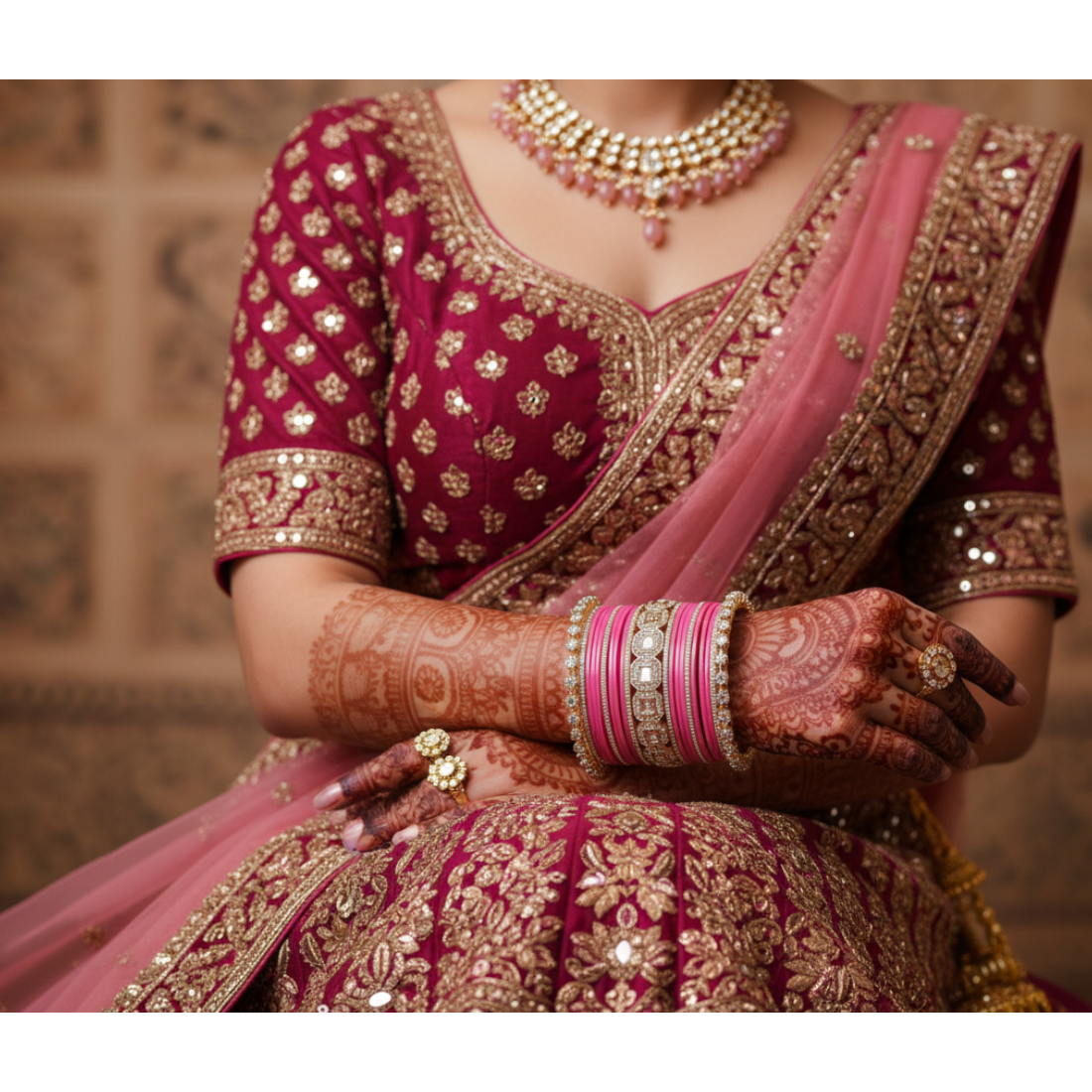 AYSIMA Rose Radiance – Pink 42-Piece Bridal Bangle Set with Designer Kada