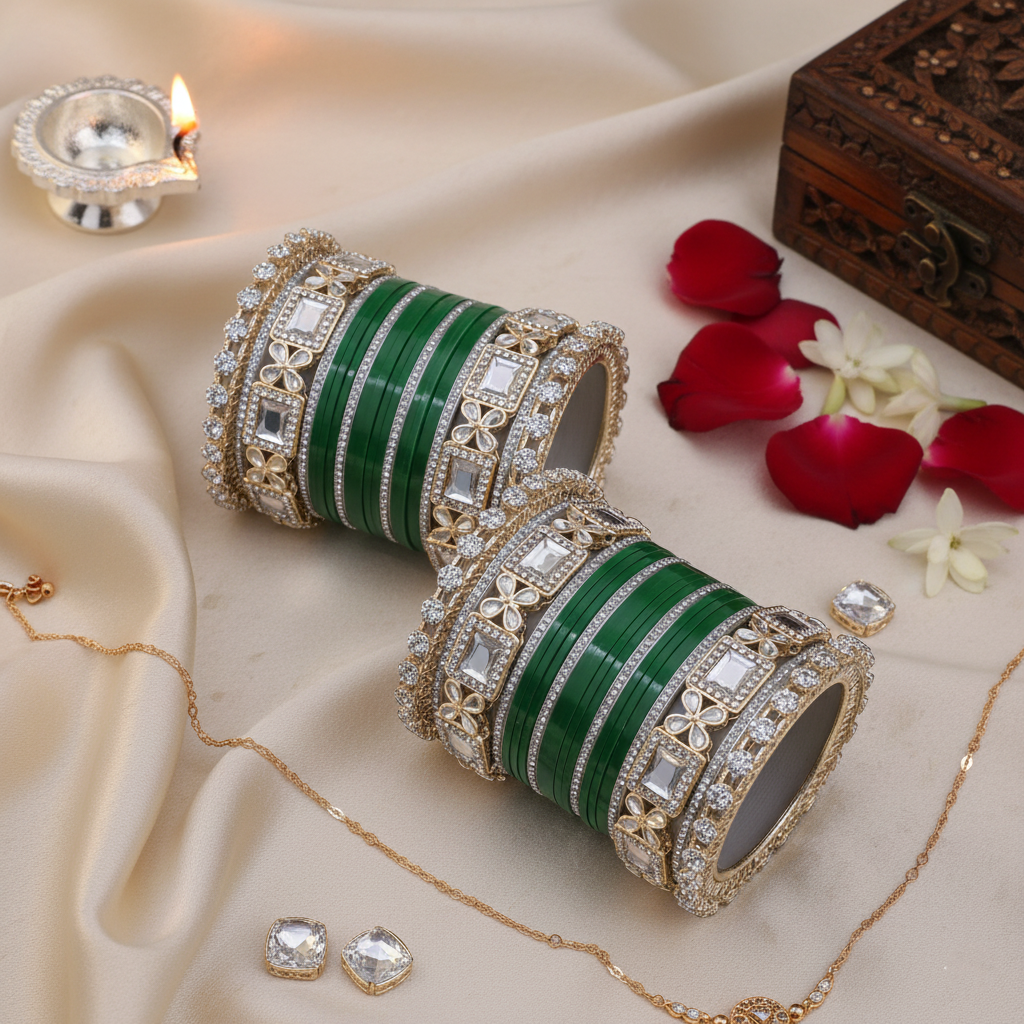 AYSIMA Harini – Green Bridal Chura & Floral Kada Set - 40 pieces