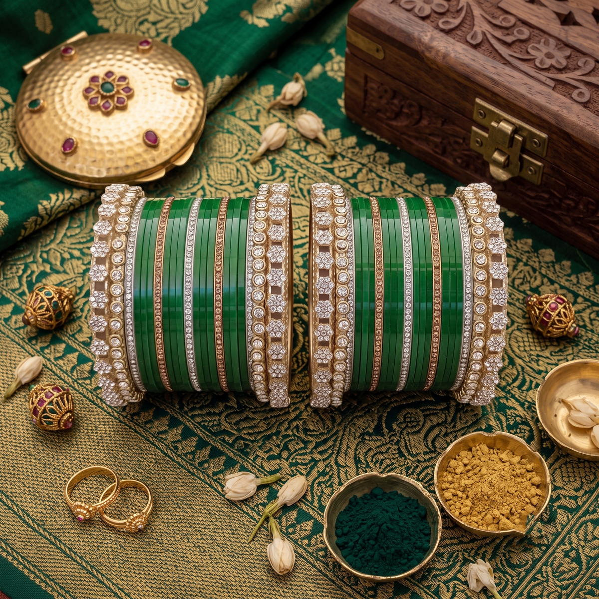 AYSIMA Emerald Green Heritage – 42-Piece Bangle Set with Designer Kadas