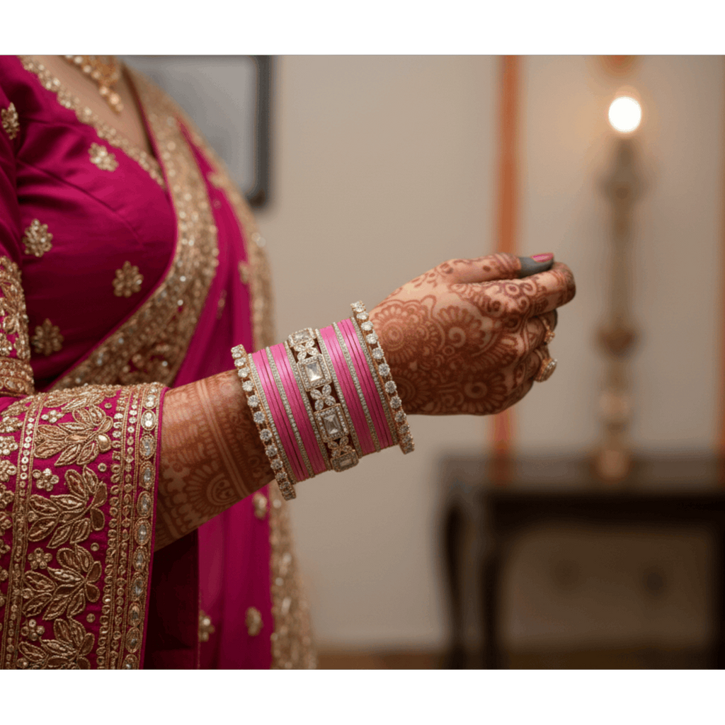 AYSIMA Gulika Pink Wedding Bangles for Women | Bridal Bangle Set with Floral Kadas