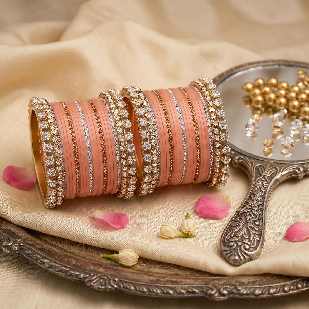 AYSIMA Charulata – Peach Bridal Bangle Set with Floral Kadas | 42 Pieces