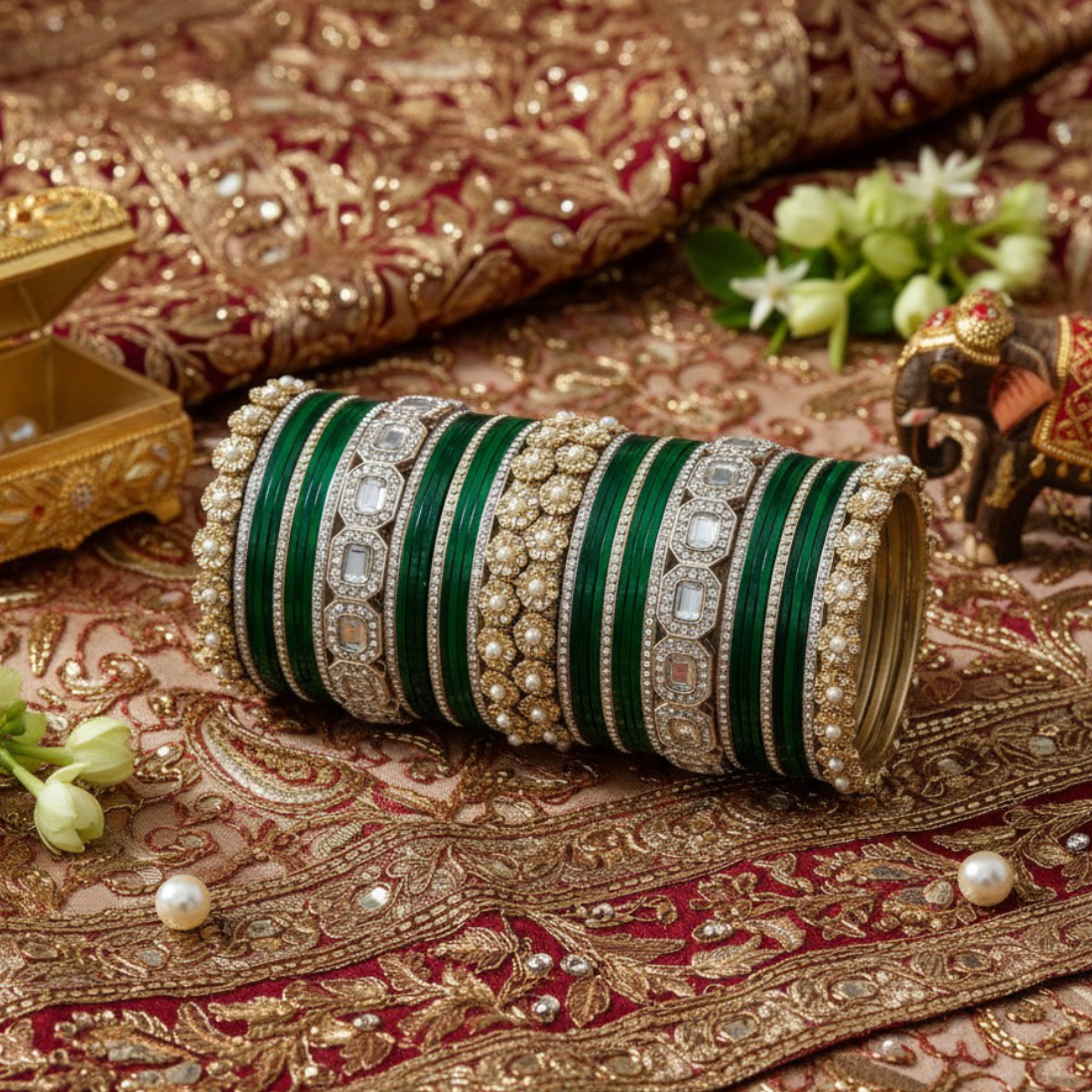 AYSIMA Haritika – Emerald Green Bridal Bangle Set with Statement Kada - 42 pieces