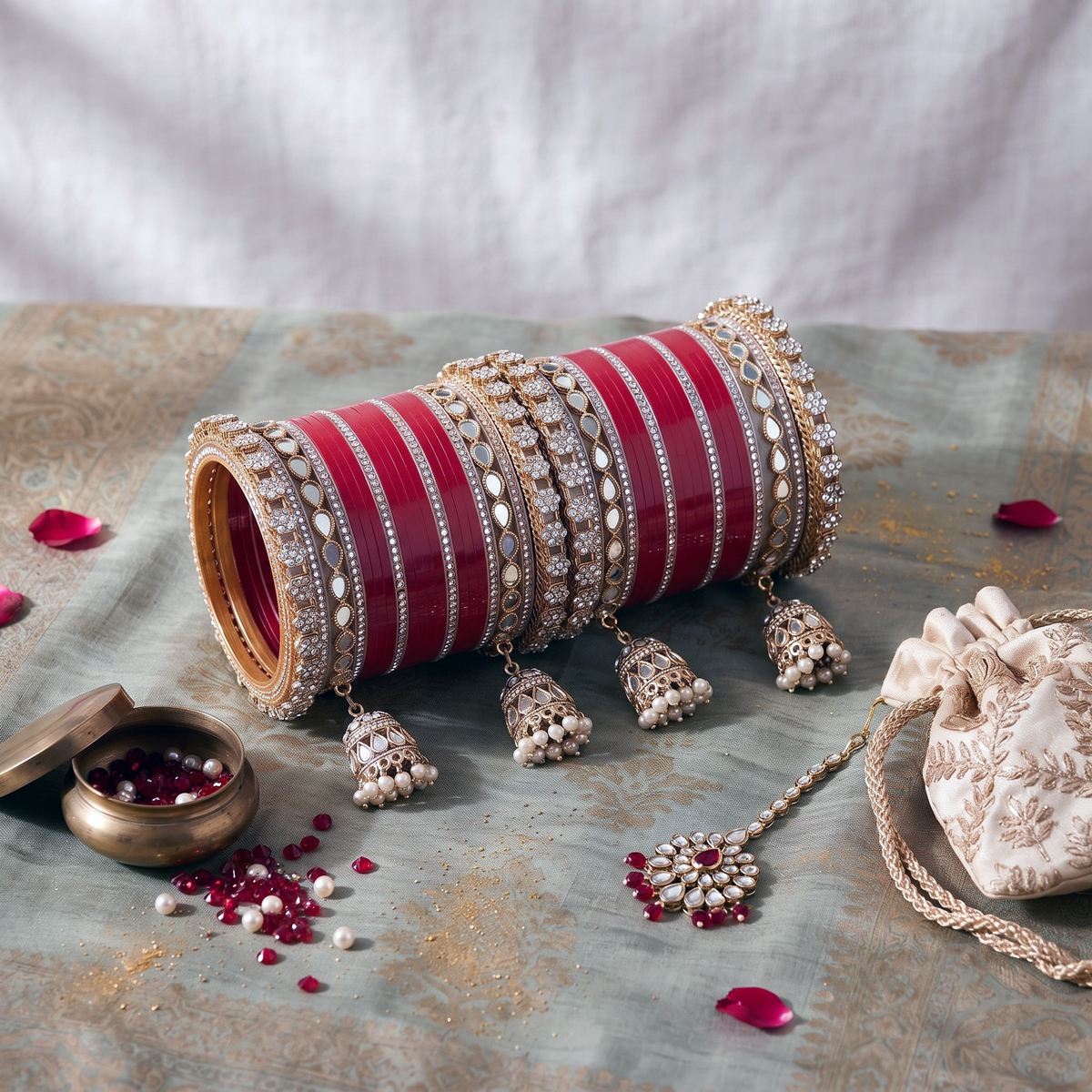 AYSIMA Aaradhya – Red Bridal Chura Bangles with Mirror-Look Kadas & Jhumka Charms - 40 pieces