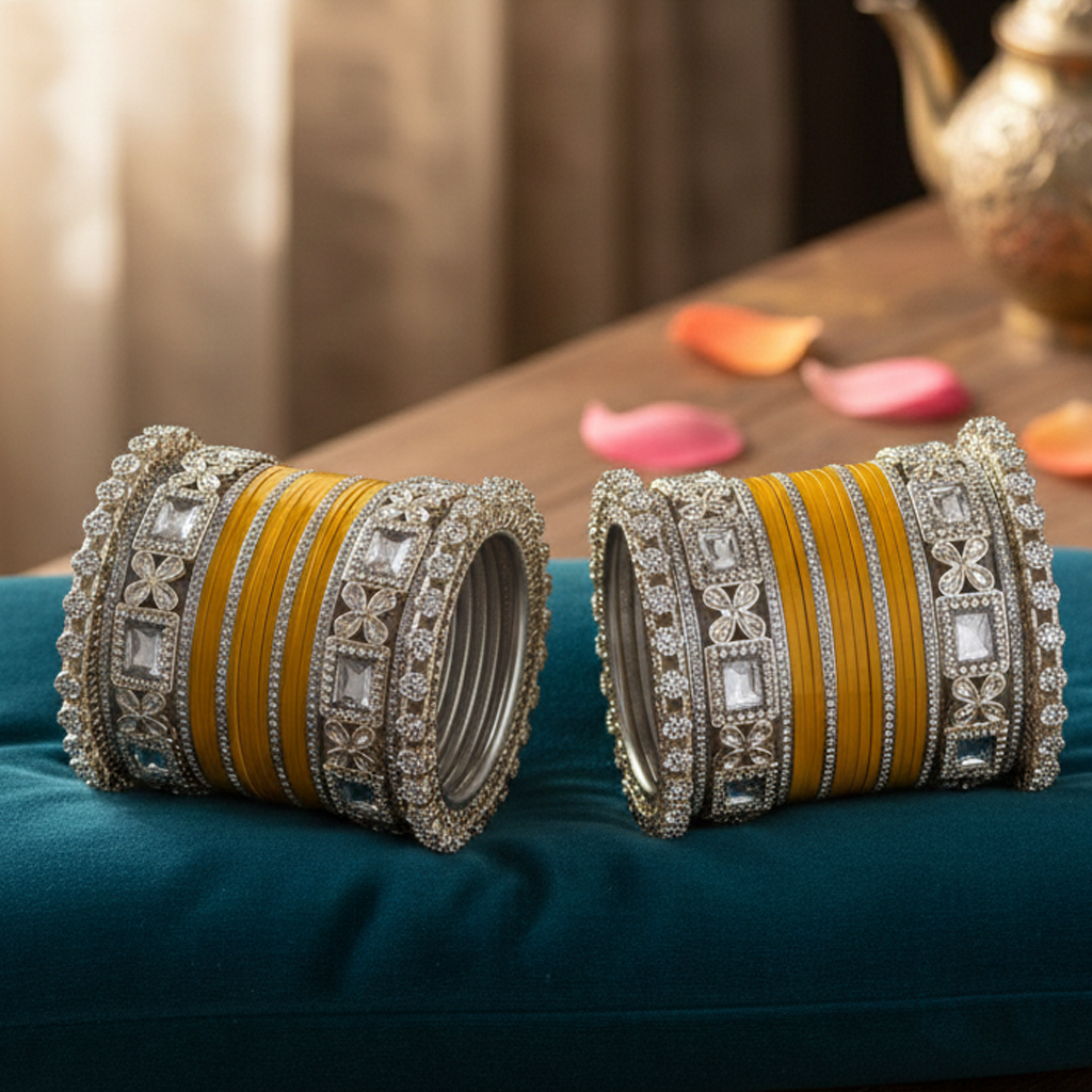 AYSIMA Kiran – Yellow Haldi Bangle Set with Floral Kadas - 40 pieces
