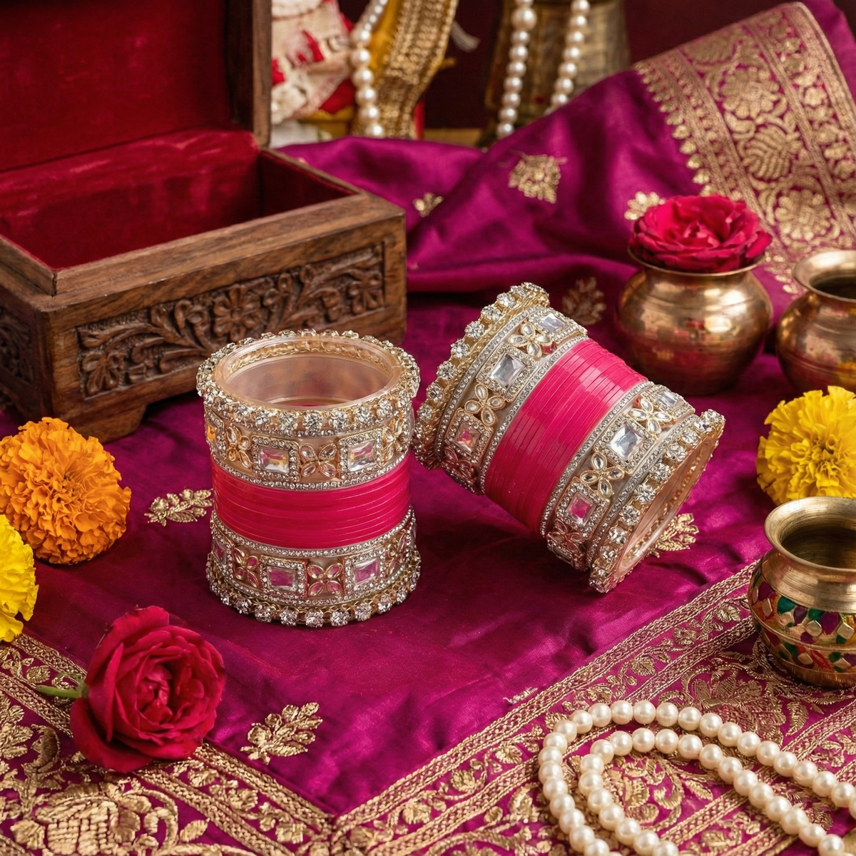 AYSIMA Roopika – Rani Pink Bridal Chura & Floral Kada Set - 36 pieces