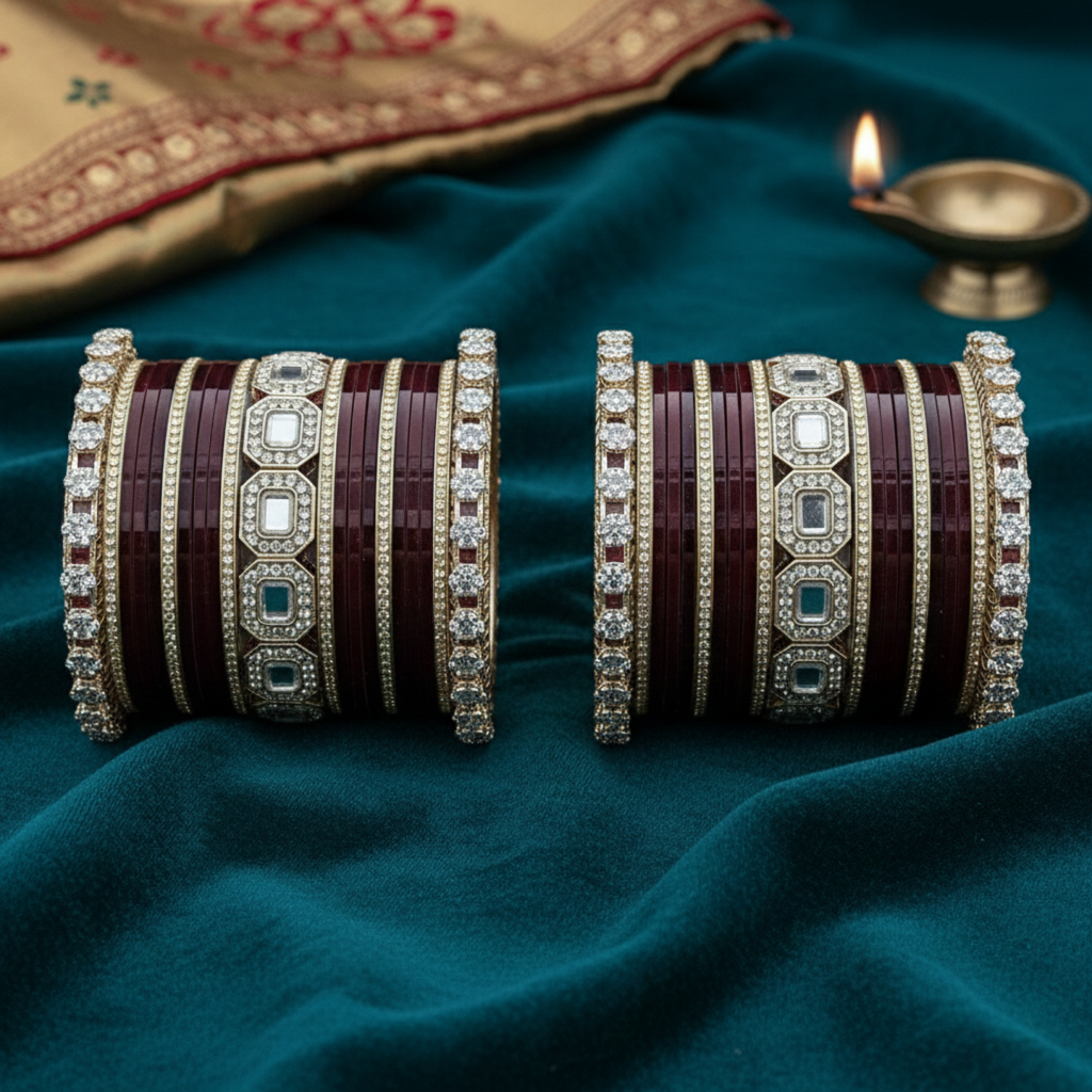 AYSIMA Burgundy Royale – Maroon 42-Piece Bangle Set with Statement Kada