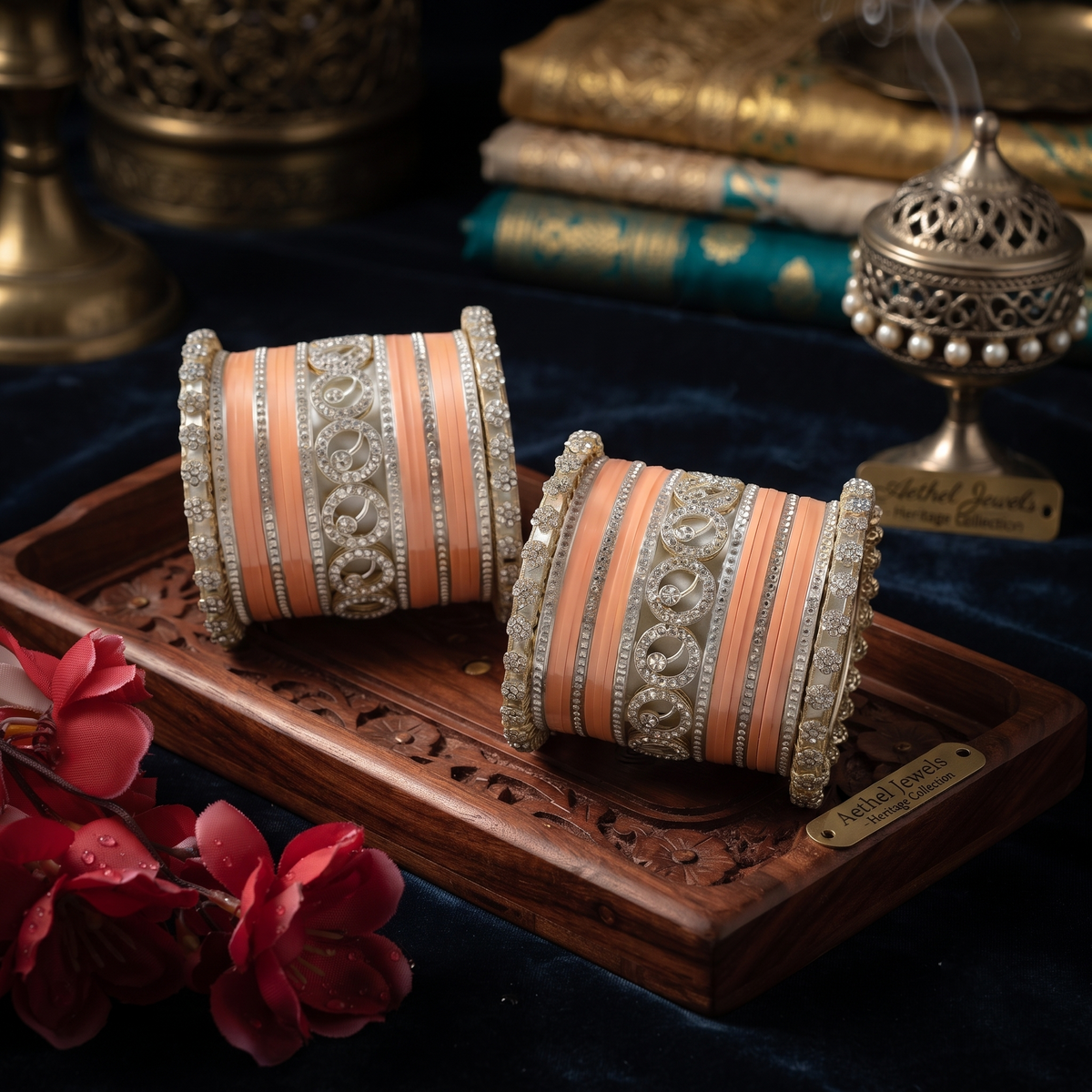 AYSIMA Aditi – Peach Bridal Bangles with Gold-Tone Floral Kadas - 42 pieces
