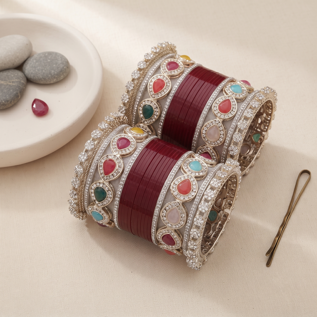 Maroon Bridal Bangles & Multicolour Kadas | AYSIMA Rasika - 36 pieces