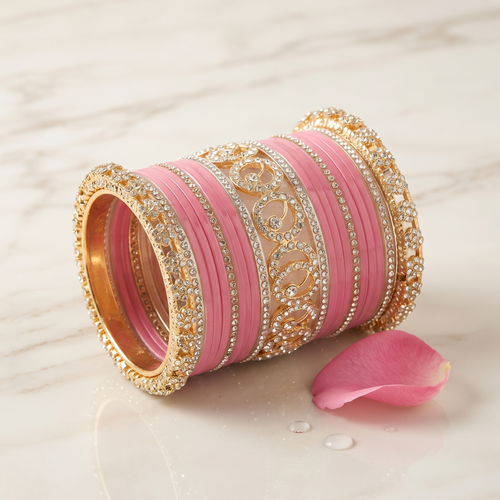 AYSIMA Gauri – Pink Bridal Bangle Set with Gold-Tone Floral Kadas - 42 pieces