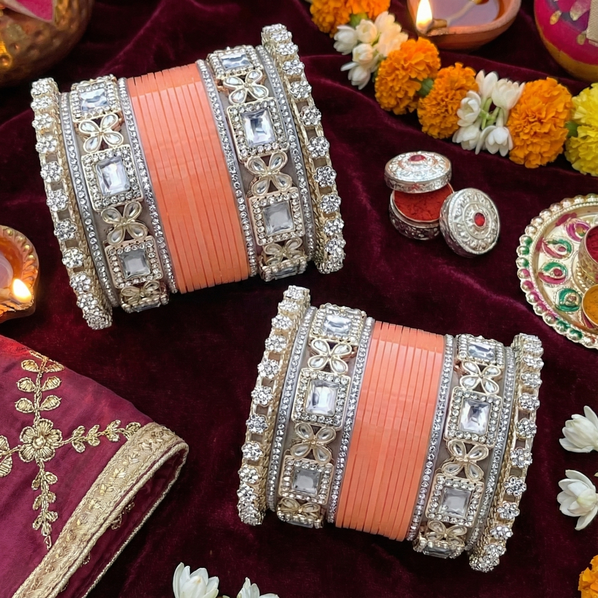 AYSIMA Aarohi – Peach Bridal Chura &amp; Floral Kada Set - 36 pieces
