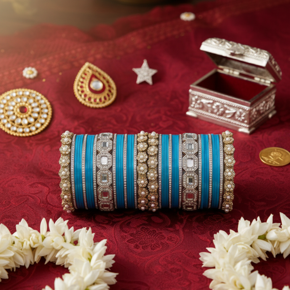 AYSIMA Sapphire Teal Royale – Blue 42-Piece Bridal Bangle Set with Statement Kada