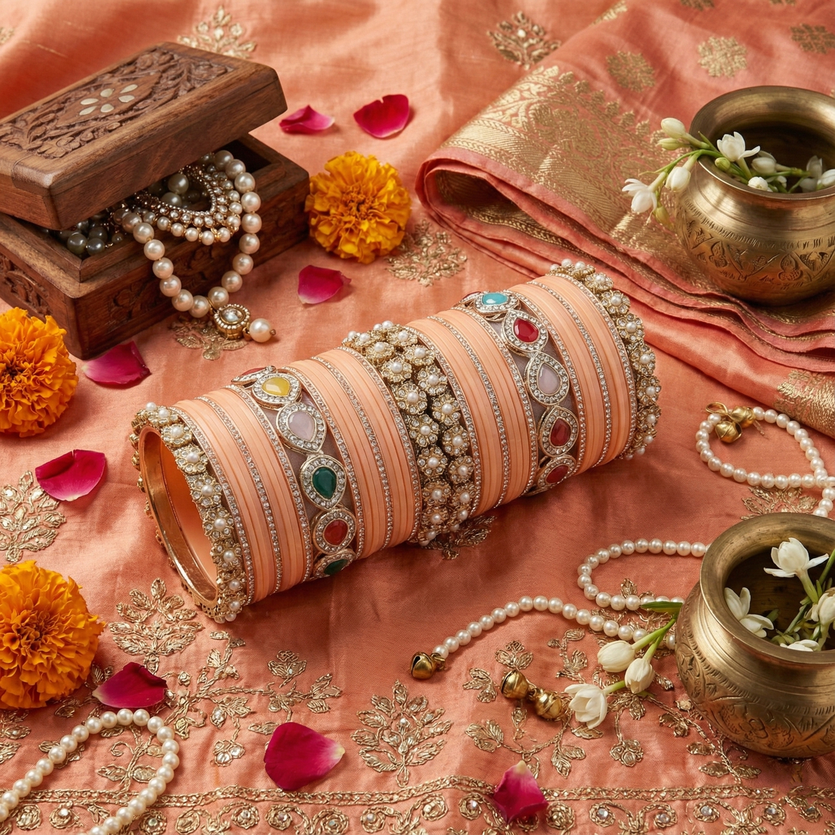 AYSIMA Peach Royale – Peach Bridal Bangle Set with Statement Kada - 42 pieces
