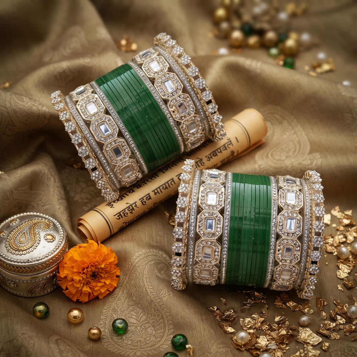 AYSIMA Green Bridal Bangles & Geometric Kadas – Vrinda - 36 pieces