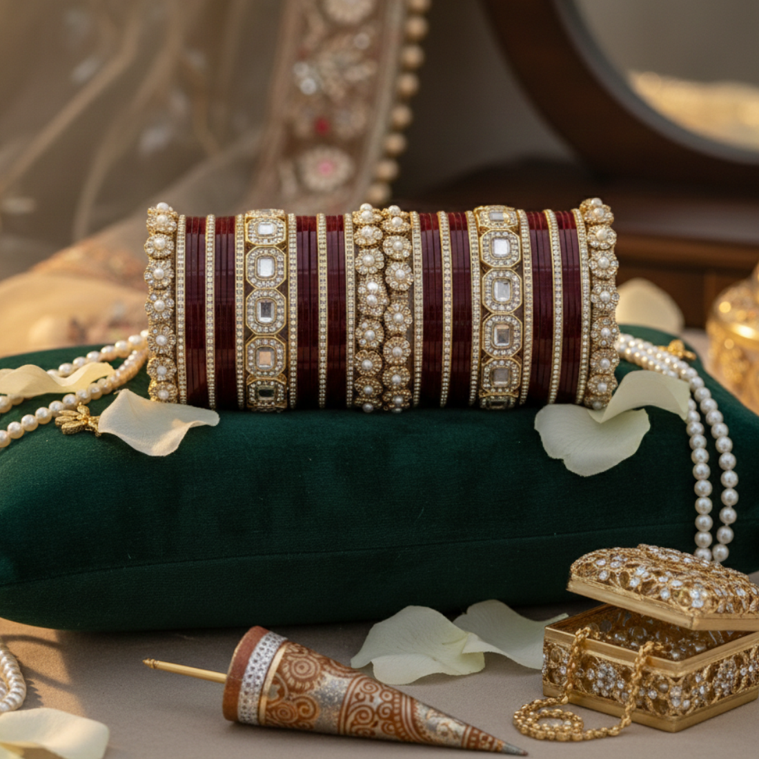 AYSIMA Rajvalli – Maroon Bridal Bangle Set with Statement Kada - 42 pieces
