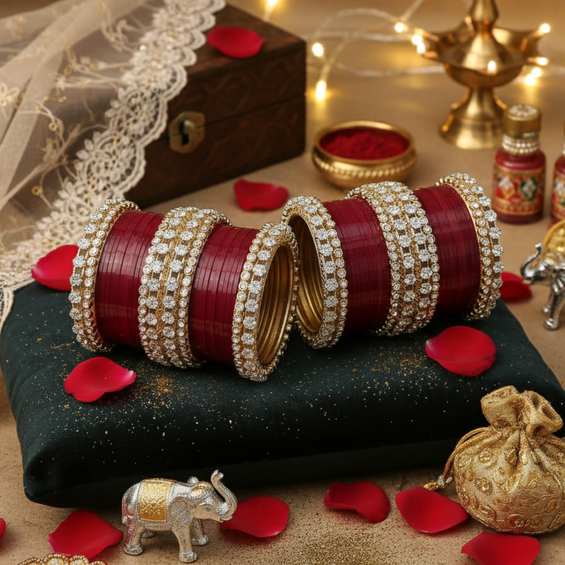 AYSIMA Burgundy Royale – Maroon 56-Piece Bridal Bangle Set with Statement Kada