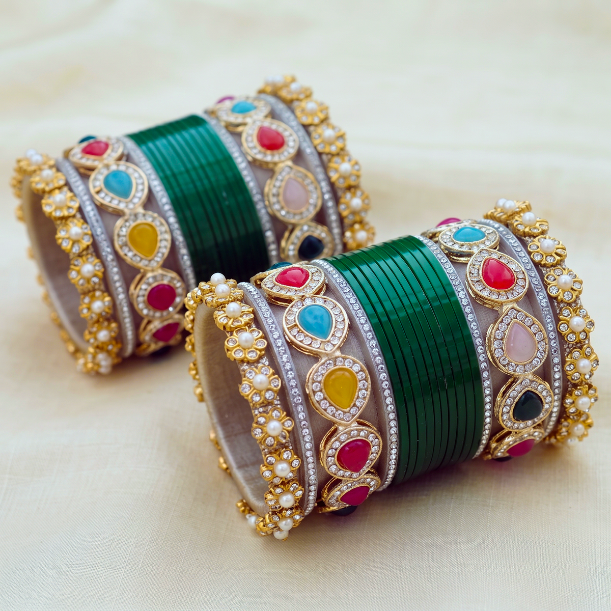 AYSIMA Green Bridal Bangle Set with Multicolour Kadas - 36 pieces
