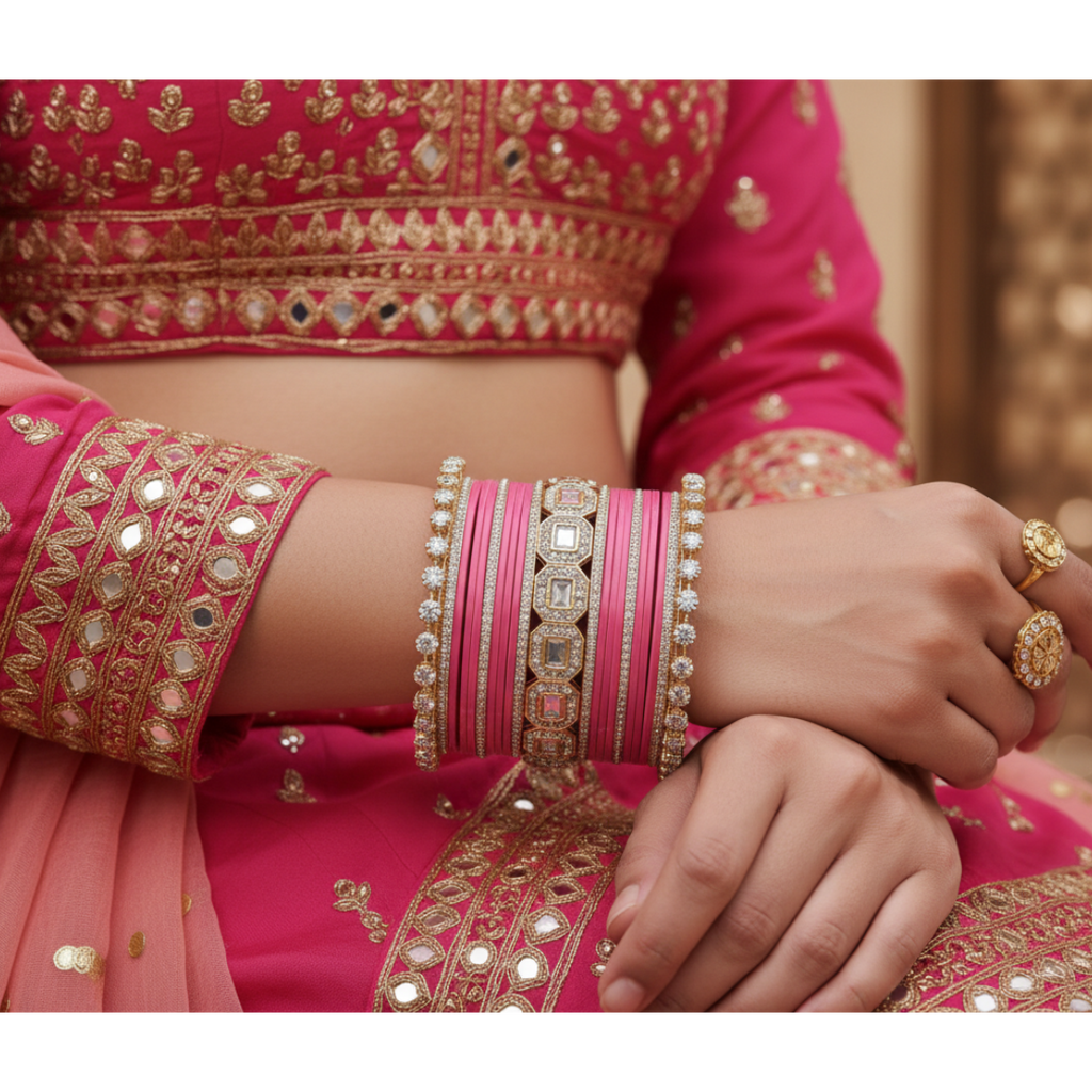 AYSIMA Rose Radiance – Pink 42-Piece Bridal Bangle Set with Designer Kada