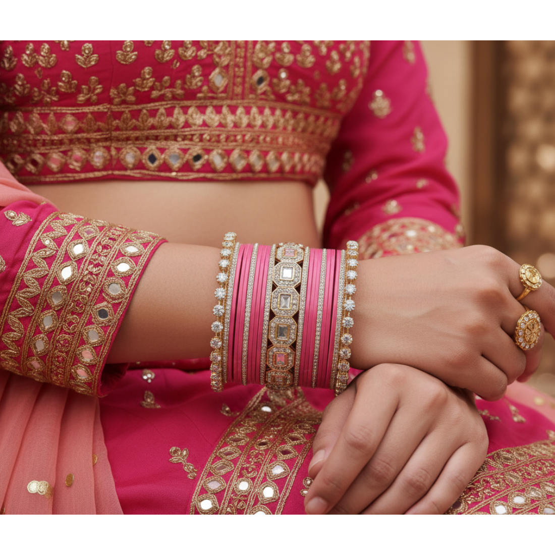AYSIMA Rose Radiance – Pink 42-Piece Bridal Bangle Set with Designer Kada