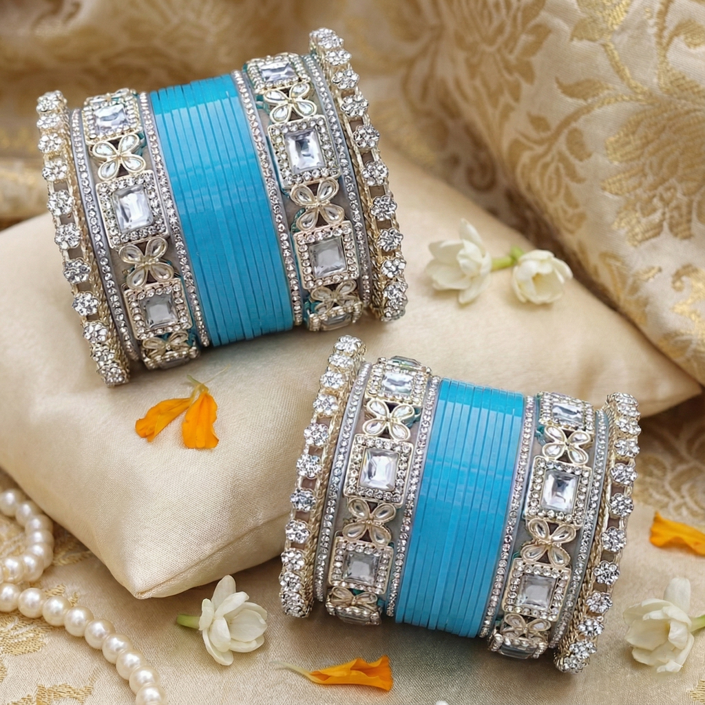 AYSIMA Neerja – Sky Blue Bridal Chura & Floral Kada Set - 36 pieces
