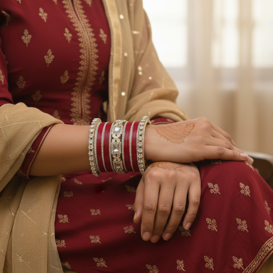 AYSIMA Sindhuri Red Bridal Bangle Set for Women | Traditional Wedding Bangles with Floral Kadas
