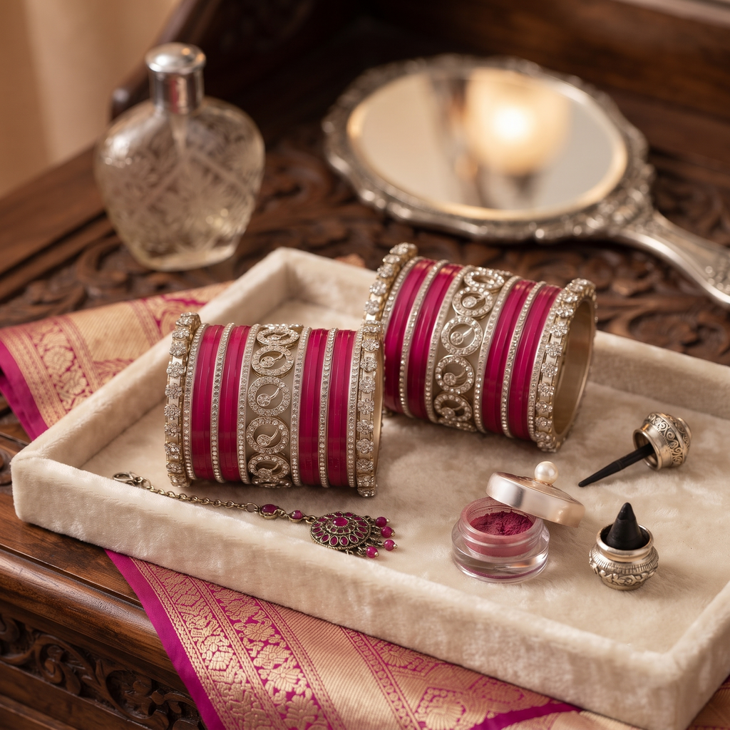 AYSIMA Pranavi – Rani Pink Bridal Bangle Set with Gold-Tone Kadas - 42 pieces
