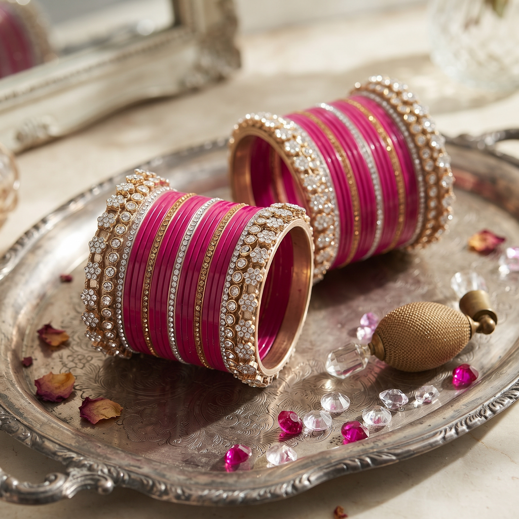 AYSIMA Manjari – Rani Pink Bridal Bangle Set with Floral Kadas | 42 Pieces
