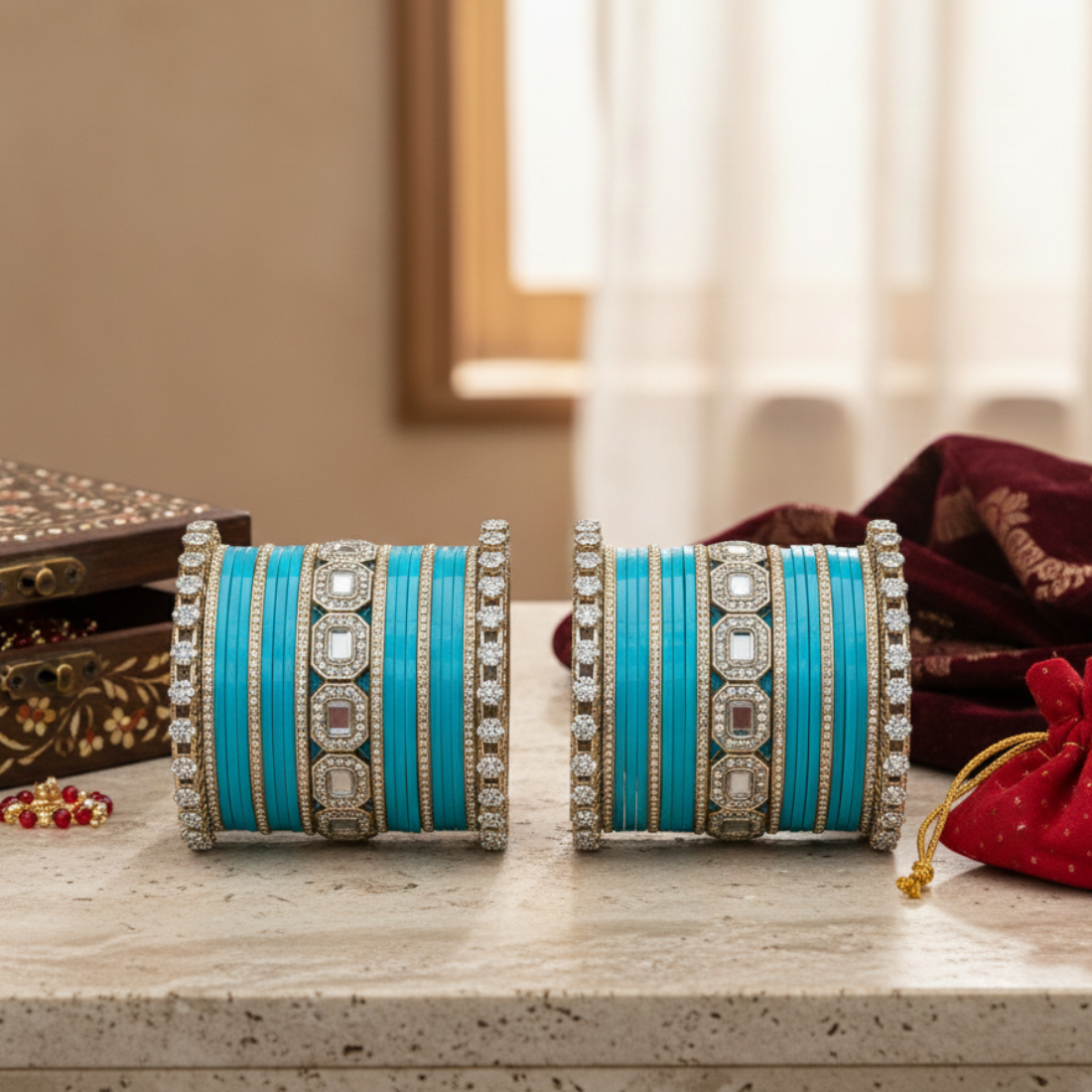 AYSIMA Turquoise Royale – Blue 42-Piece Bangle Set with Statement Kada