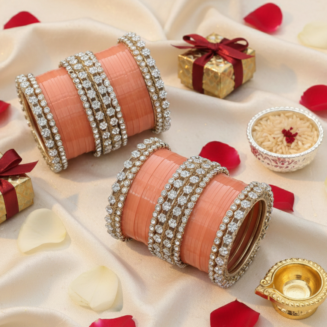 AYSIMA Mrinalika Peach Bridal Bangle Set with Floral Kadas - 56 pieces