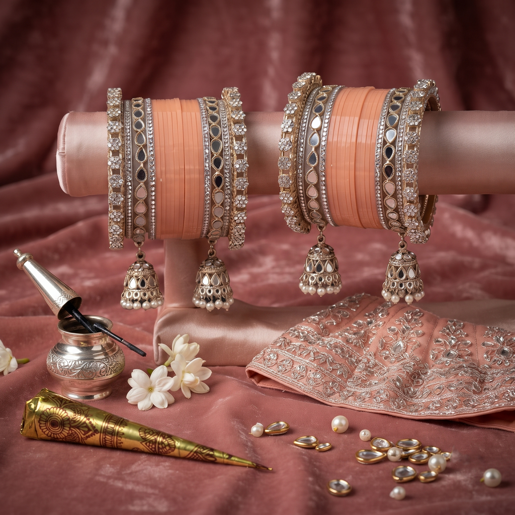 AYSIMA Mihika – Peach Bridal Bangle Set with Mirror-Look Kadas & Jhumka Charms - 36 pieces