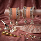 AYSIMA Mihika – Peach Bridal Bangle Set with Mirror-Look Kadas & Jhumka Charms - 36 pieces
