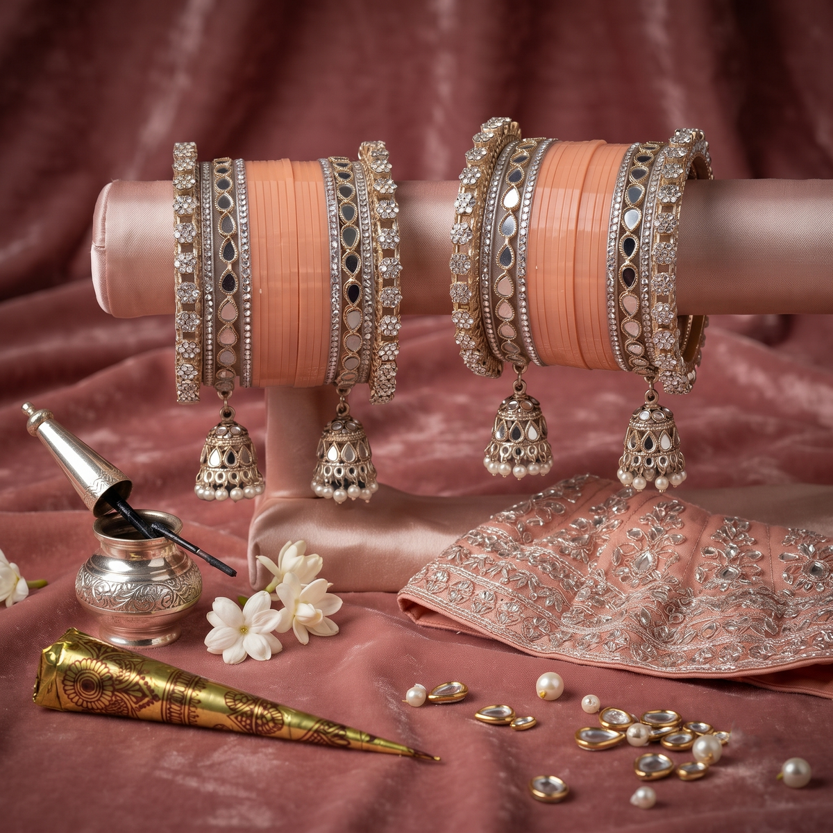 AYSIMA Mihika – Peach Bridal Bangle Set with Mirror-Look Kadas & Jhumka Charms - 36 pieces