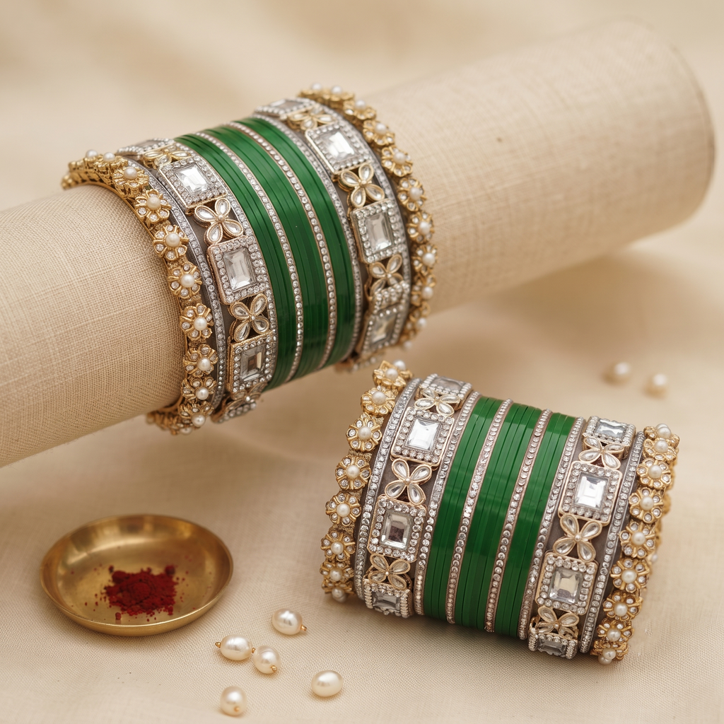 AYSIMA Aparna – Green Bridal Bangles with Floral Kadas & Pearl-Look Accents - 40 pieces