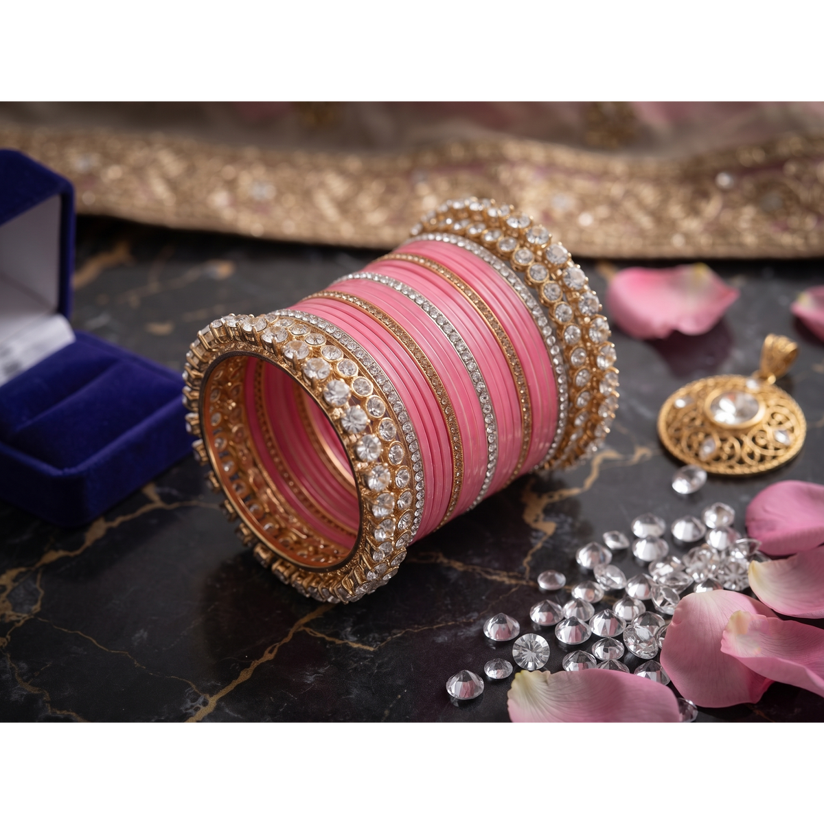 AYSIMA Mridula – Rose Pink Bridal Bangle Set with Floral Kadas | 42 Pieces