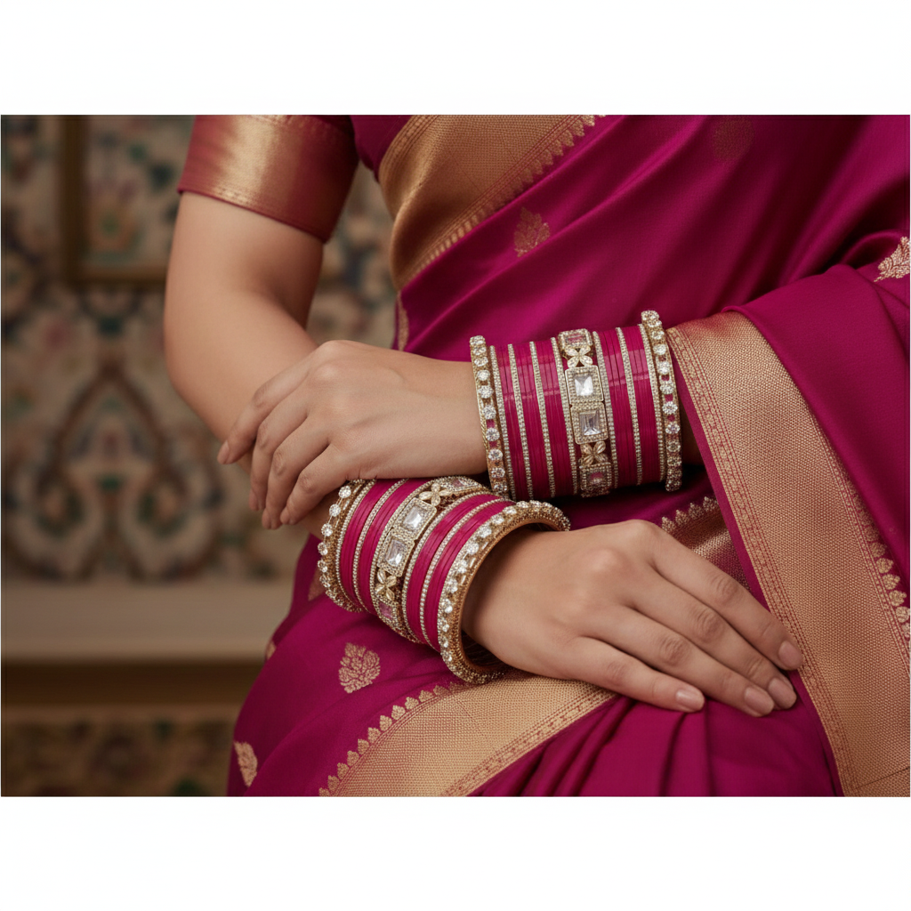 AYSIMA Rangini Rani Pink Bridal Bangles for Women | Floral Kada Wedding Bangle Set