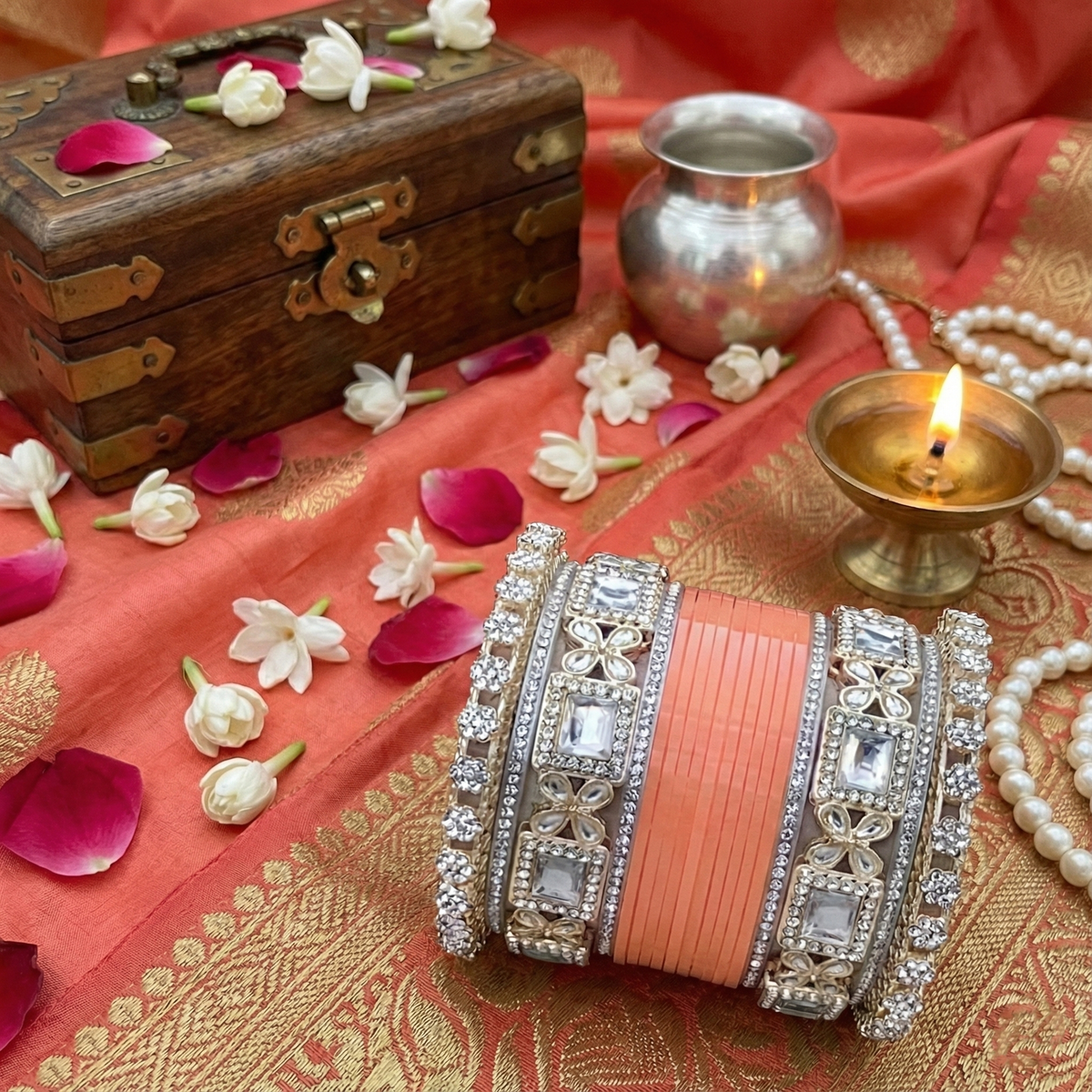 AYSIMA Aarohi – Peach Bridal Chura &amp; Floral Kada Set - 36 pieces