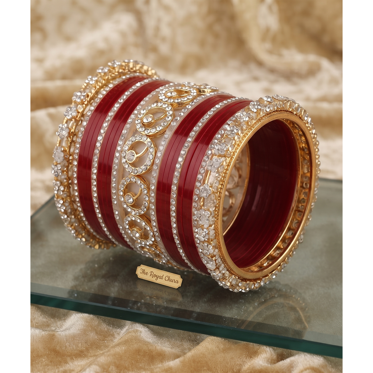 AYSIMA Samaira – Maroon Bridal Bangle Set with Gold-Tone Floral Kadas - 42 pieces