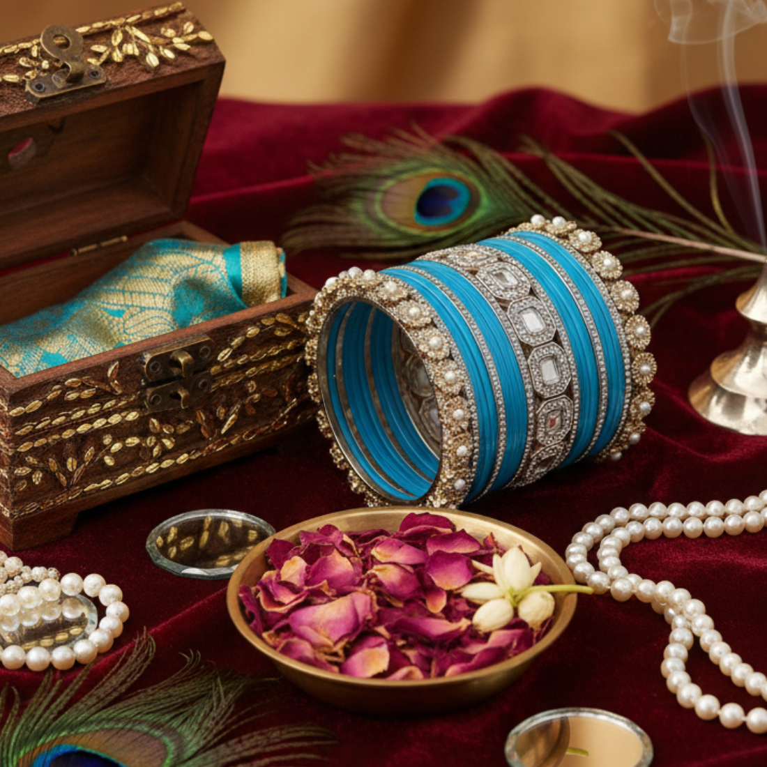 AYSIMA Sapphire Teal Royale – Blue 42-Piece Bridal Bangle Set with Statement Kada